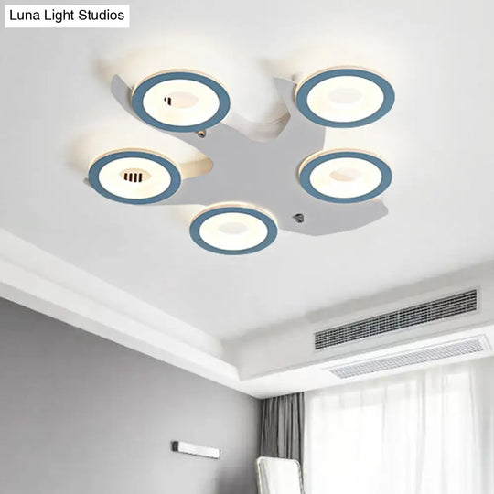 Blue Nordic Led Ceiling Light With 5 Acrylic Rings And Iron Canopy For Bedroom Flush Mount