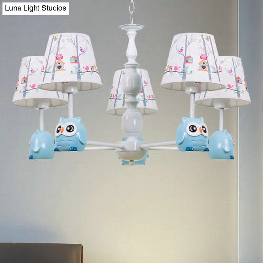 Blue Owl Suspension Light - Cartoon Metal Chandelier For Nursing Room