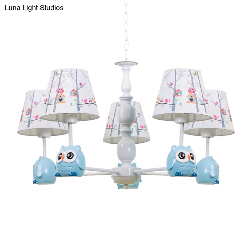 Blue Owl Suspension Light - Cartoon Metal Chandelier For Nursing Room