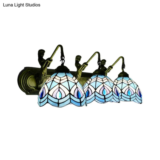 Blue Peacock Tail Tiffany Stained Glass Sconce With 3 Wall-Mounted Lights 6/8 Wide