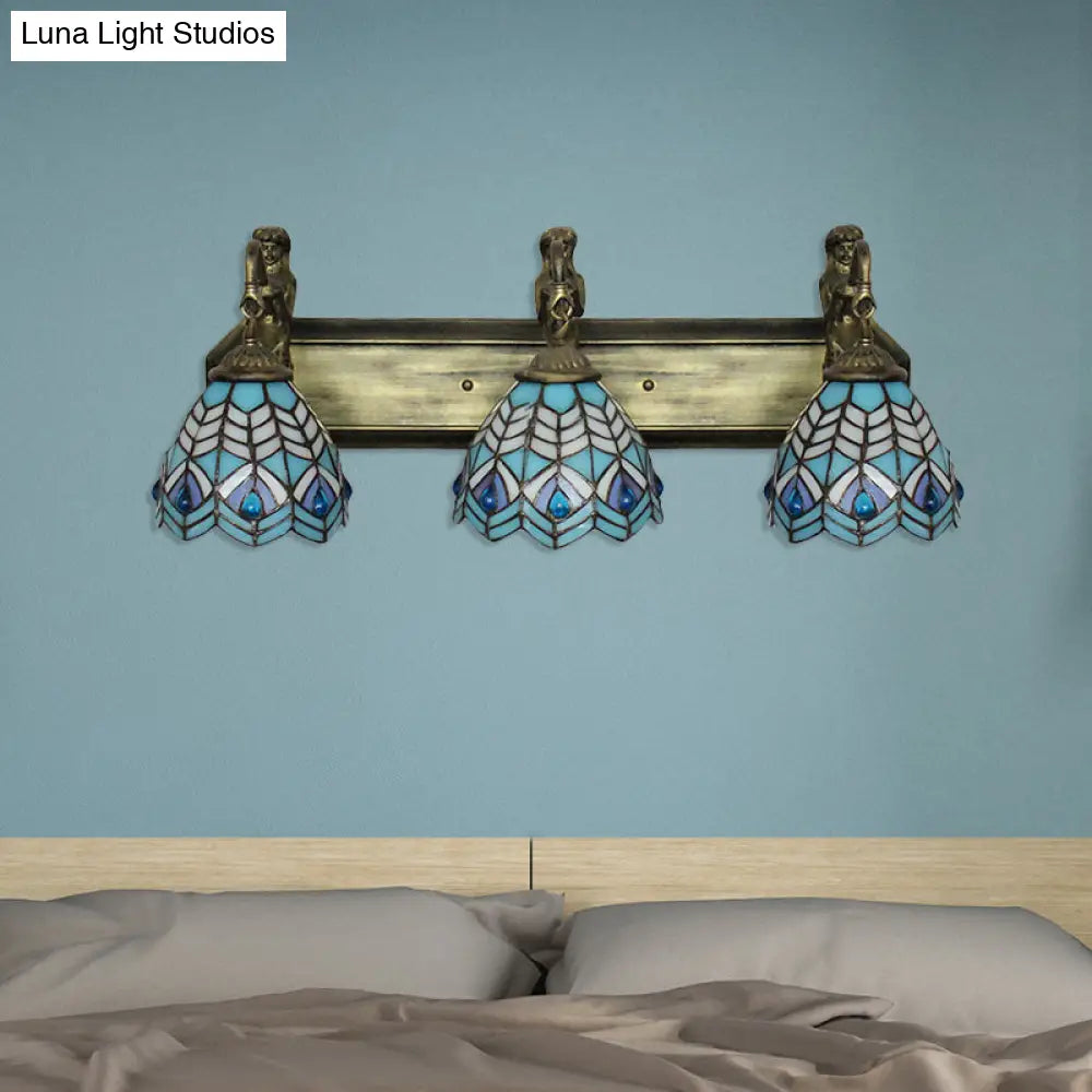 Blue Peacock Tail Tiffany Stained Glass Sconce With 3 Wall-Mounted Lights 6/8 Wide