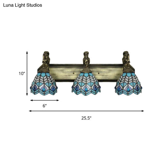 Blue Peacock Tail Tiffany Stained Glass Sconce With 3 Wall-Mounted Lights 6/8 Wide