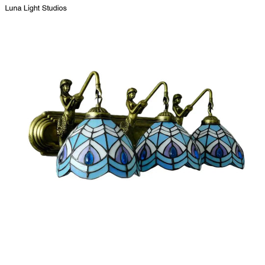 Blue Peacock Tail Tiffany Stained Glass Sconce With 3 Wall-Mounted Lights 6/8 Wide