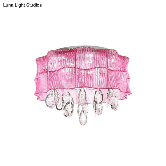 Blue/Pink Flower Flush Ceiling Lamp - Led Contemporary Fabric With Crystal Accents Bedroom Lighting