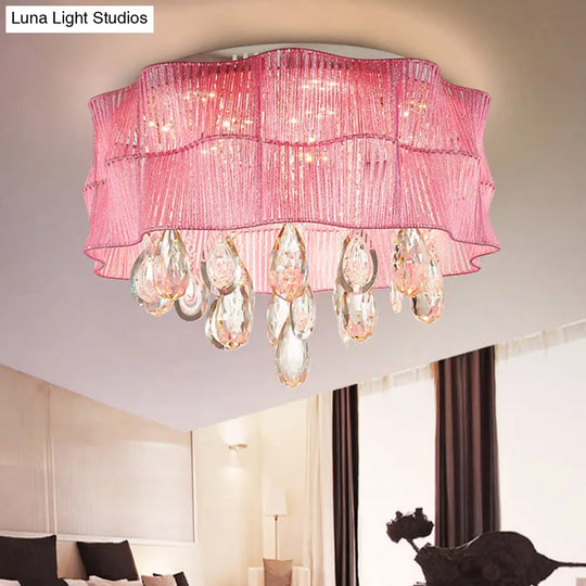 Blue/Pink Flower Flush Ceiling Lamp - Led Contemporary Fabric With Crystal Accents Bedroom Lighting