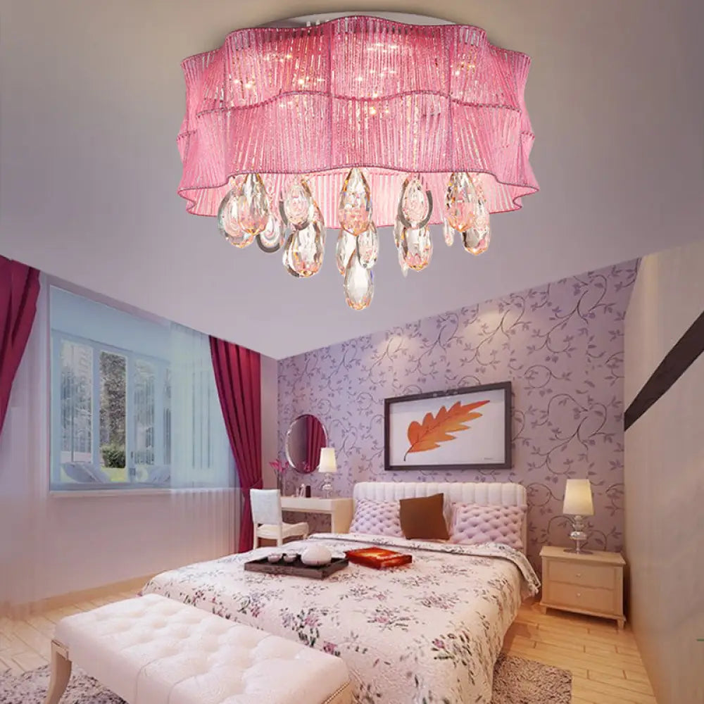 Blue/Pink Flower Flush Ceiling Lamp - Led Contemporary Fabric With Crystal Accents Bedroom Lighting