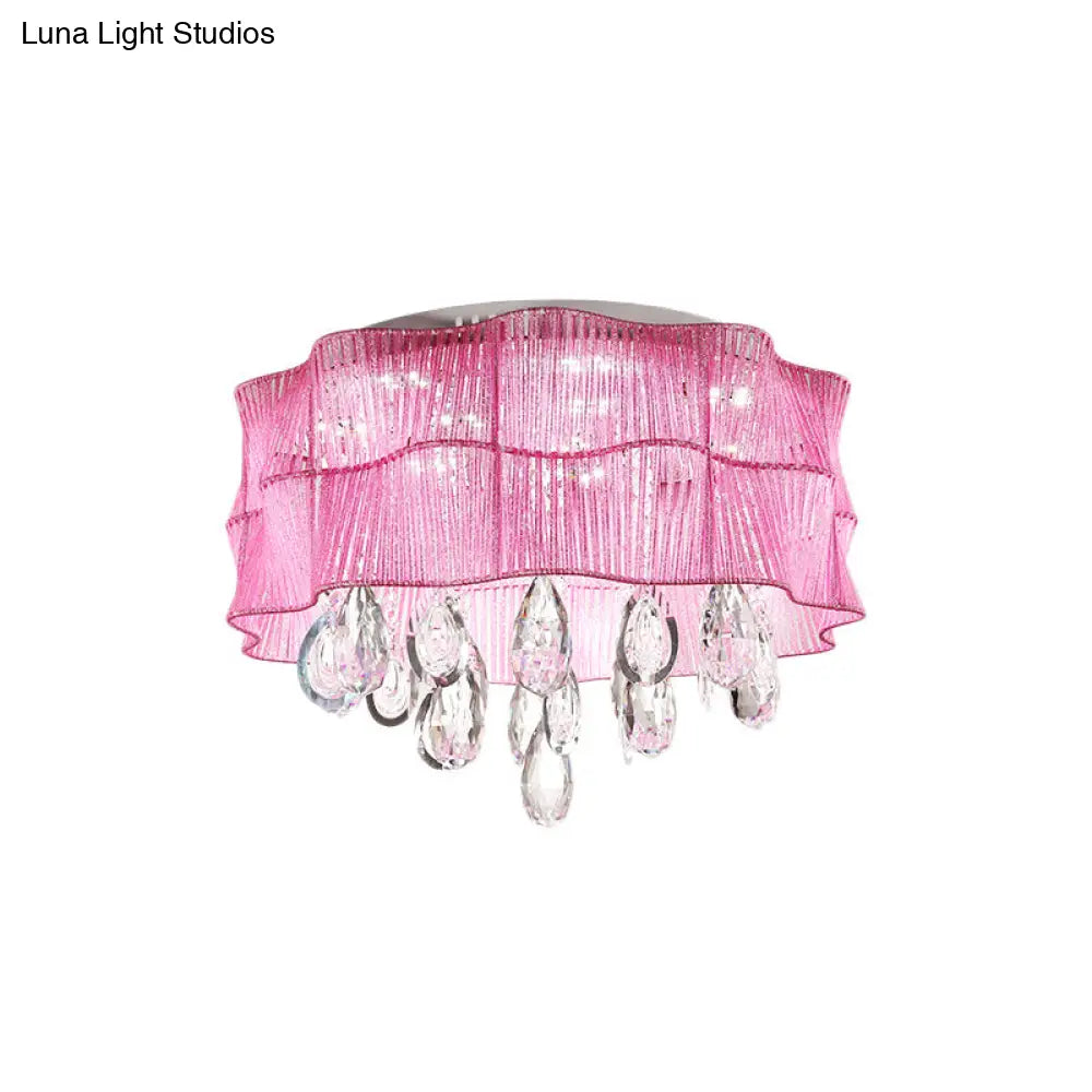 Blue/Pink Flower Flush Ceiling Lamp - Led Contemporary Fabric With Crystal Accents Bedroom Lighting