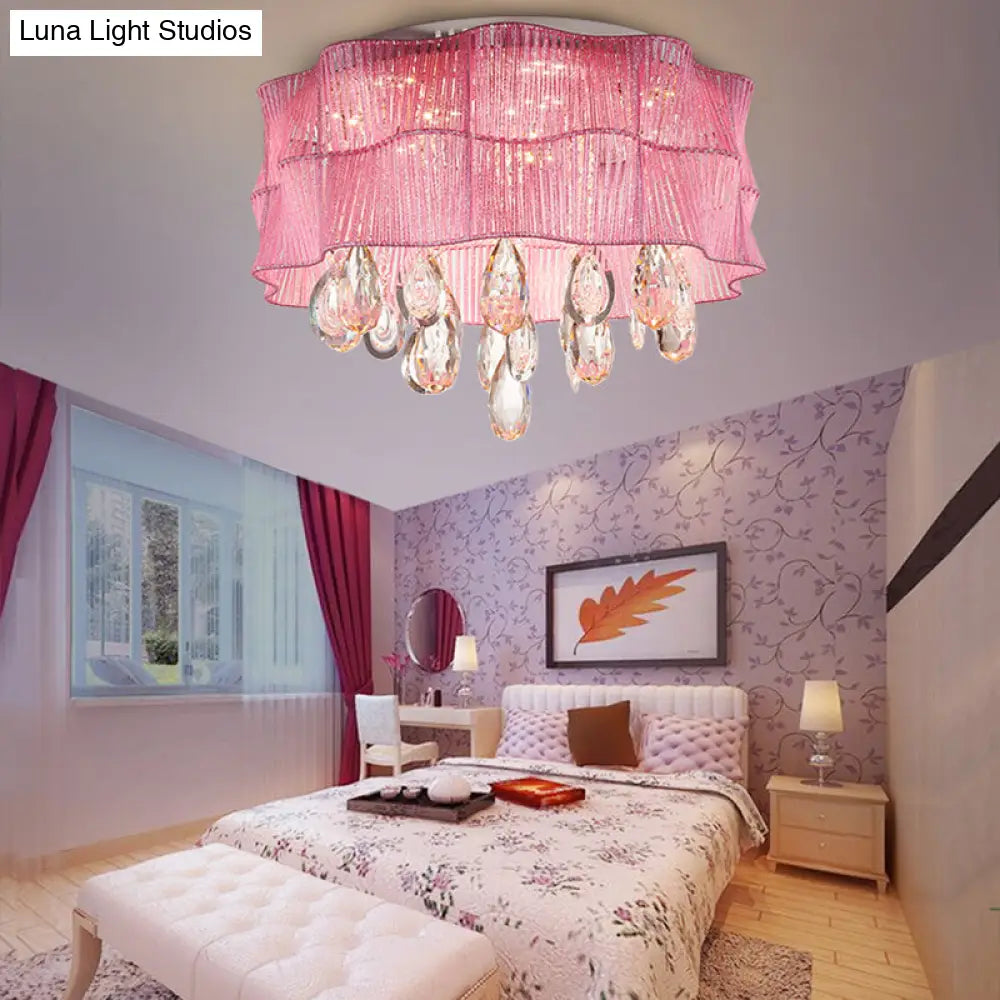 Blue/Pink Flower Flush Ceiling Lamp - Led Contemporary Fabric With Crystal Accents Bedroom Lighting