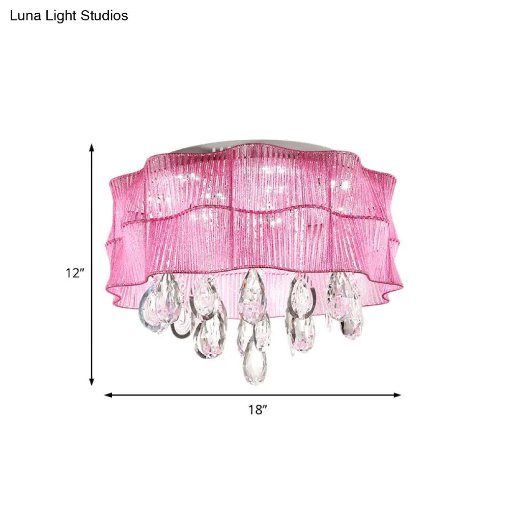 Blue/Pink Flower Flush Ceiling Lamp - Led Contemporary Fabric With Crystal Accents Bedroom Lighting