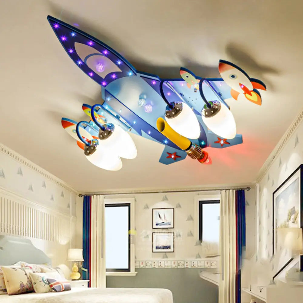 Blue Plane Child Bedroom Flush Mount Light - Modern Wood & Glass Ceiling Lighting