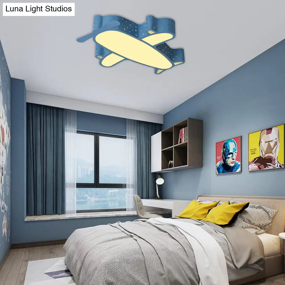 Blue Plane Kids Bedroom Ceiling Light: Cartoon Acrylic Flush Mount Fixture
