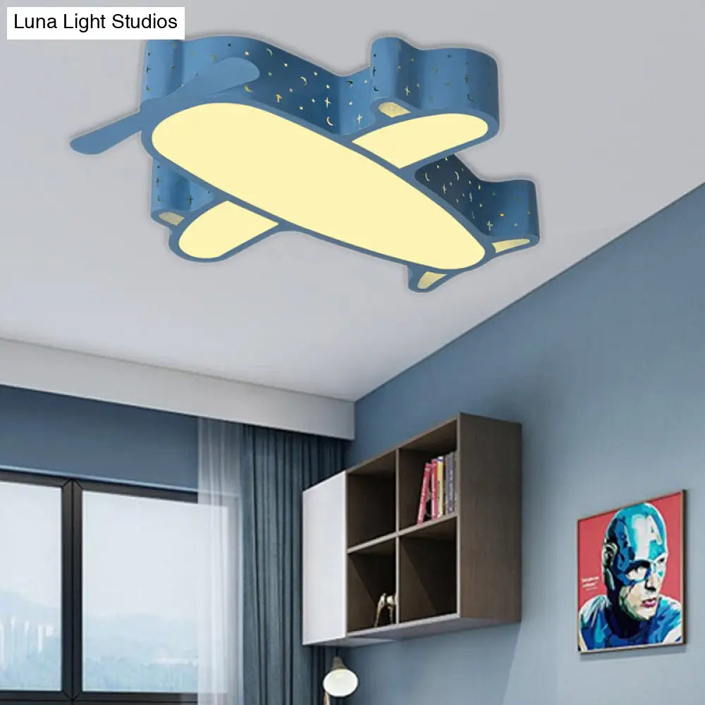 Blue Plane Kids Bedroom Ceiling Light: Cartoon Acrylic Flush Mount Fixture / White