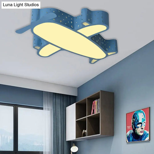 Blue Plane Kids Bedroom Ceiling Light: Cartoon Acrylic Flush Mount Fixture / White