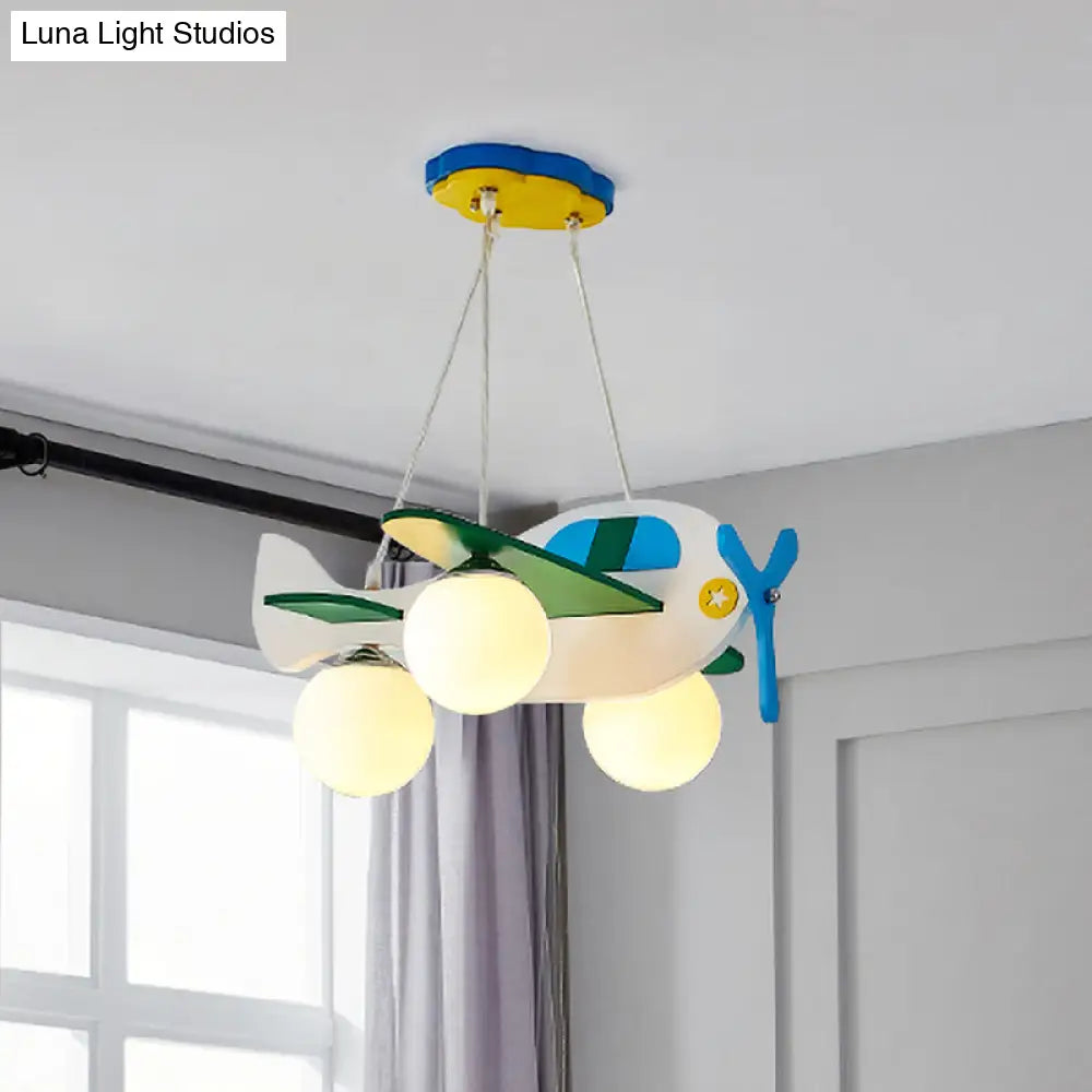 Blue Plane Suspension Light: 3-Bulb Ivory Glass Pendant For Kids Bedroom