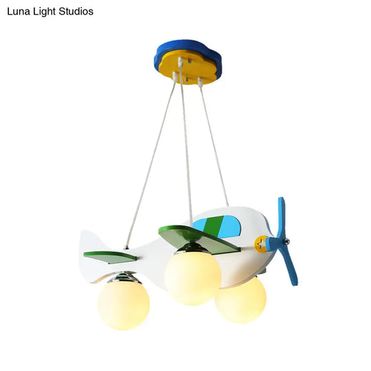 Blue Plane Suspension Light: 3-Bulb Ivory Glass Pendant For Kids Bedroom