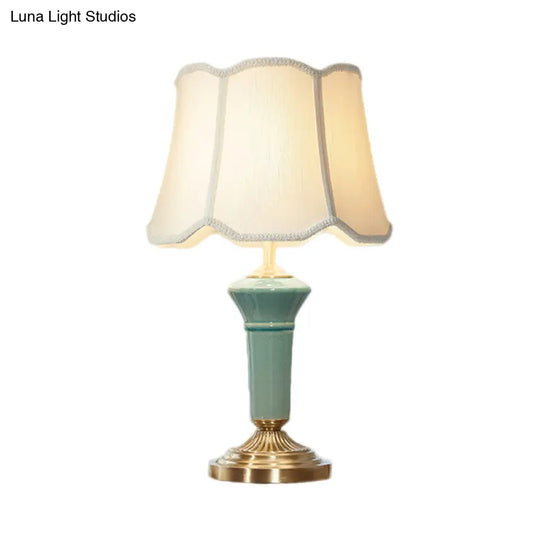 Blue Porcelain Desk Lamp With Ruffle-Edged Fabric Shade Traditional Column Base 1 Light