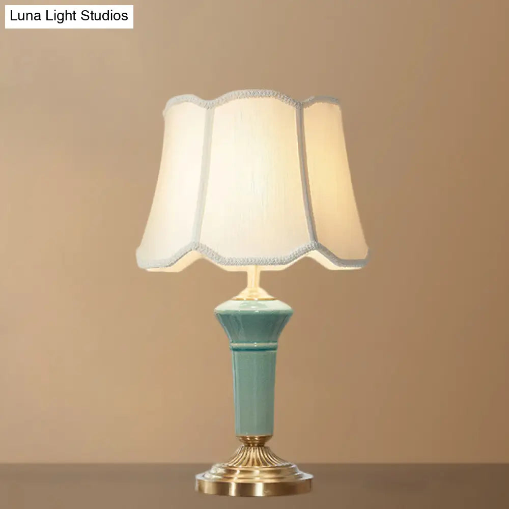 Blue Porcelain Desk Lamp With Ruffle-Edged Fabric Shade Traditional Column Base 1 Light