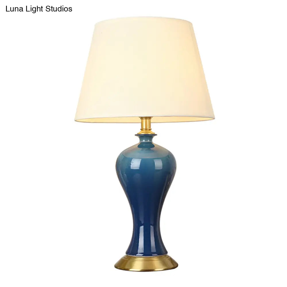 Blue Pottery Base Bedside Table Lamp With Modern Empire Shade Night Light