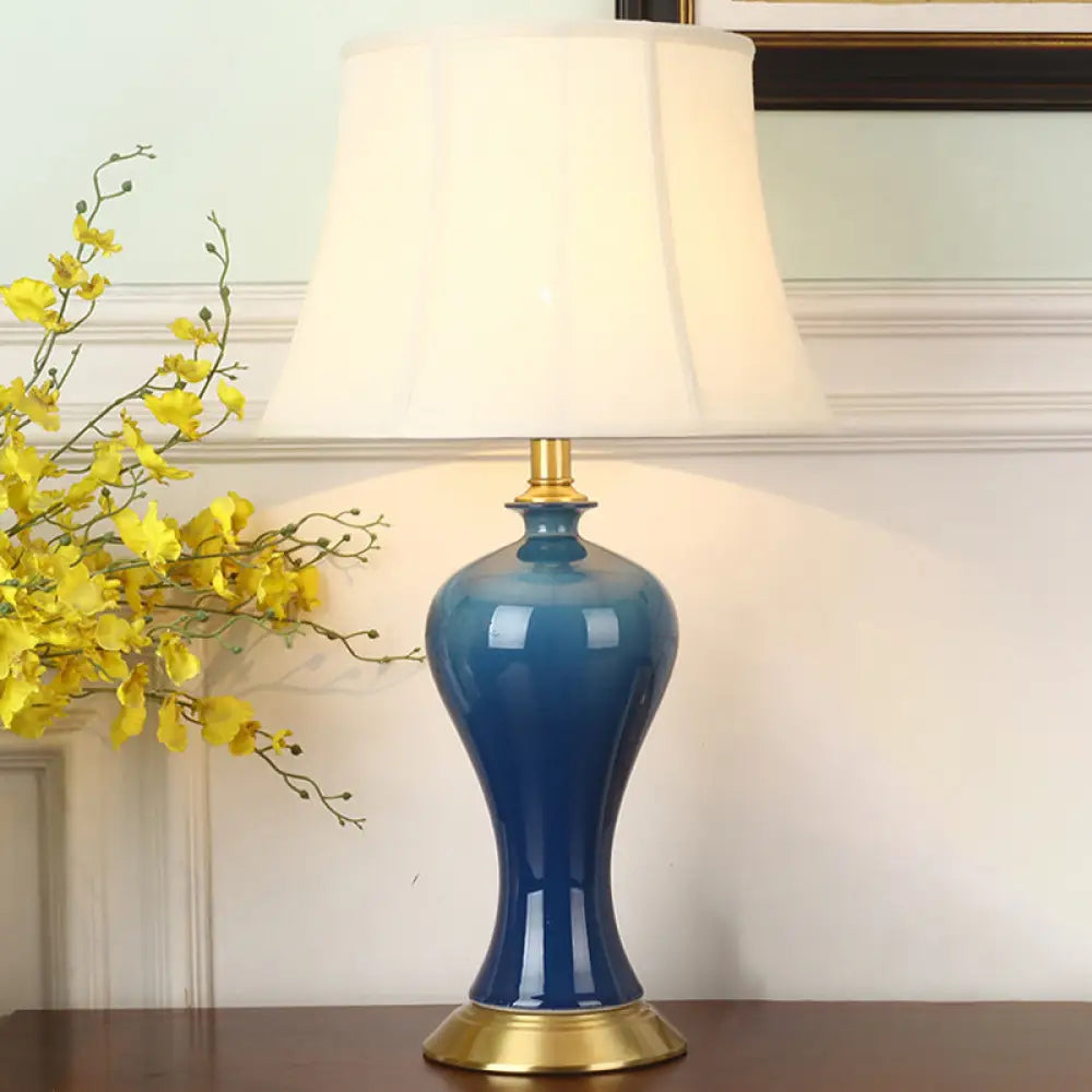 Blue Pottery Base Bedside Table Lamp With Modern Empire Shade Night Light / Arc