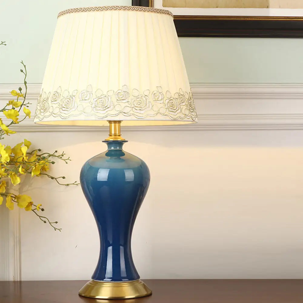 Blue Pottery Base Bedside Table Lamp With Modern Empire Shade Night Light / Lace