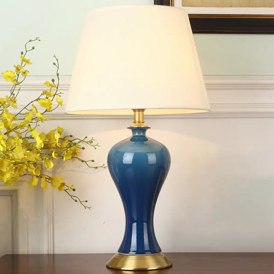 Blue Pottery Base Bedside Table Lamp With Modern Empire Shade Night Light / Round