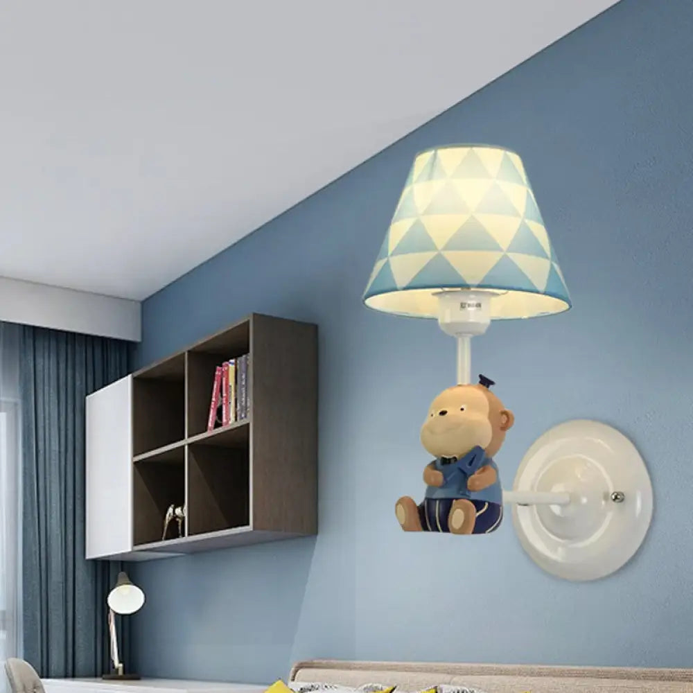 Blue Resin Monkey Sconce Light With Fabric Shade Single Bulb Animal Wall Lamp For Bedroom