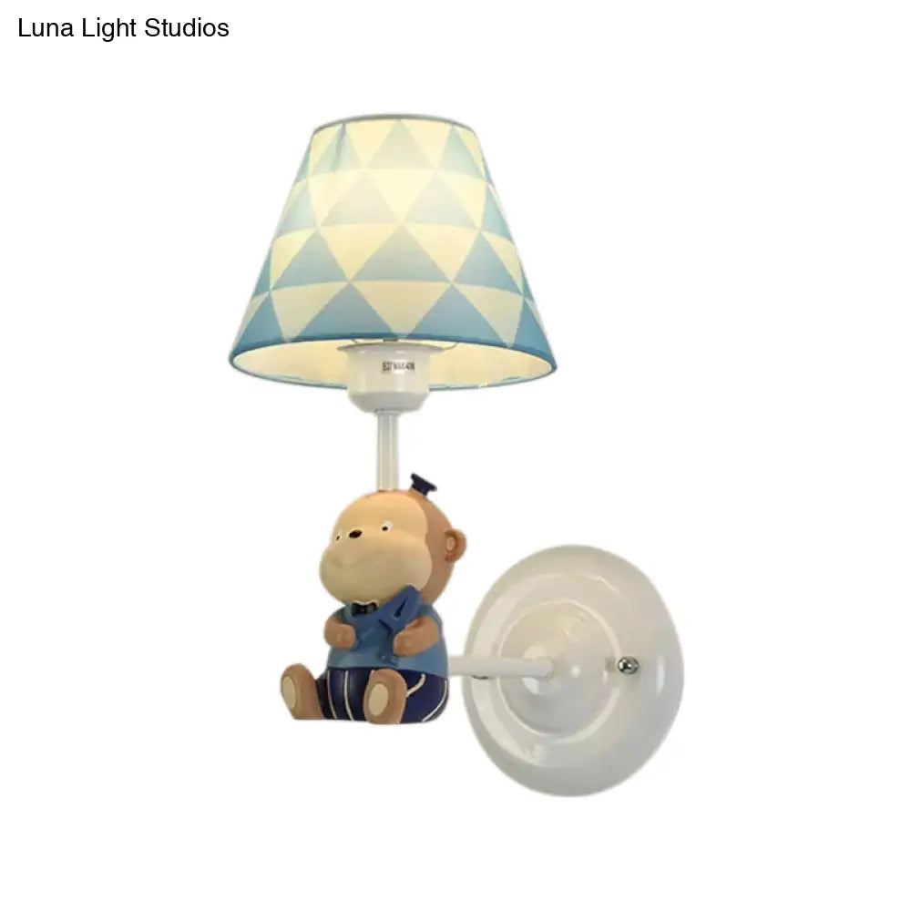 Blue Resin Monkey Sconce Light With Fabric Shade Single Bulb Animal Wall Lamp For Bedroom