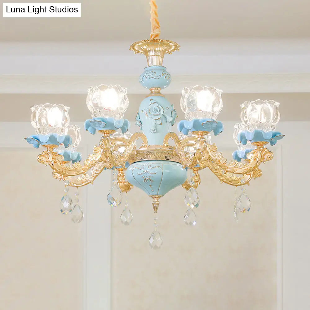 Blue Ribbed Glass Chandelier With Crystal Draping Classic Pendant Lighting For Living Room