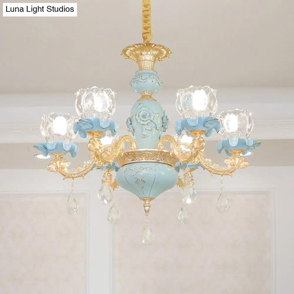 Blue Ribbed Glass Chandelier With Crystal Draping Classic Pendant Lighting For Living Room