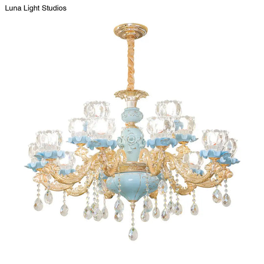 Blue Ribbed Glass Chandelier With Crystal Draping Classic Pendant Lighting For Living Room