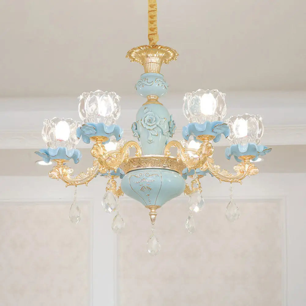 Blue Ribbed Glass Chandelier With Crystal Draping Classic Pendant Lighting For Living Room 6 /