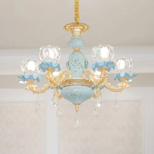 Blue Ribbed Glass Chandelier With Crystal Draping Classic Pendant Lighting For Living Room 6 /