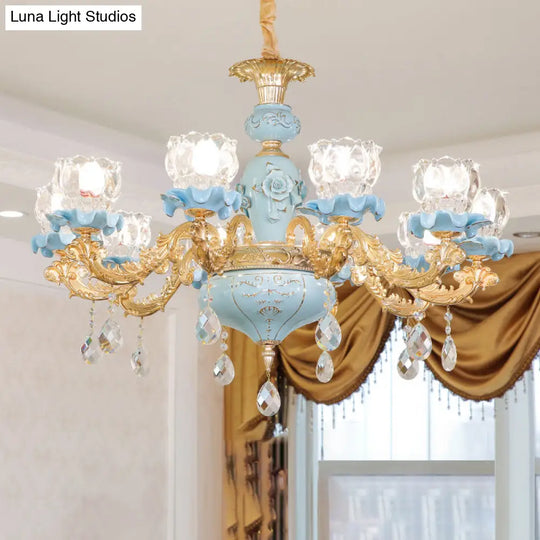 Blue Ribbed Glass Chandelier With Crystal Draping Classic Pendant Lighting For Living Room