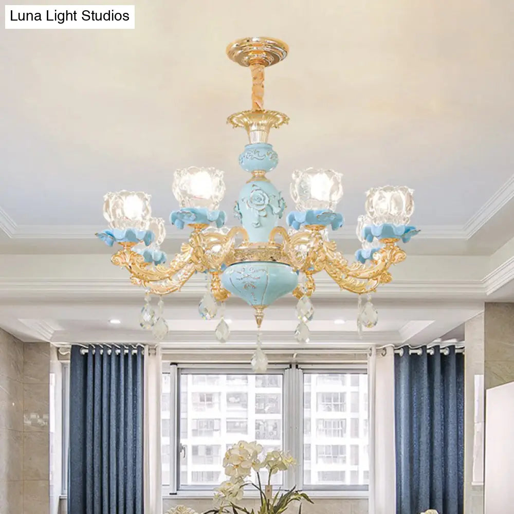 Blue Ribbed Glass Chandelier With Crystal Draping Classic Pendant Lighting For Living Room