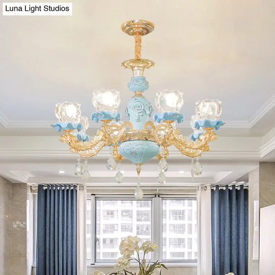 Blue Ribbed Glass Chandelier With Crystal Draping Classic Pendant Lighting For Living Room