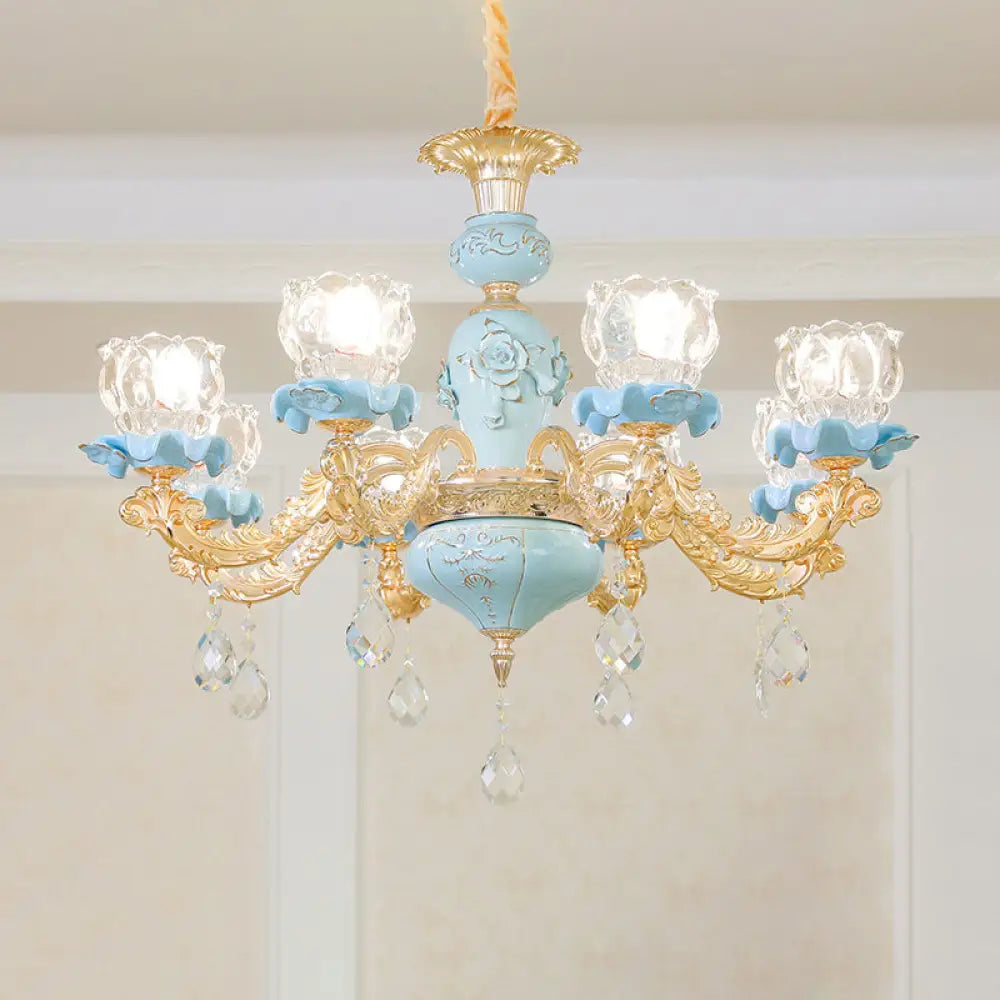 Blue Ribbed Glass Chandelier With Crystal Draping Classic Pendant Lighting For Living Room 8 /