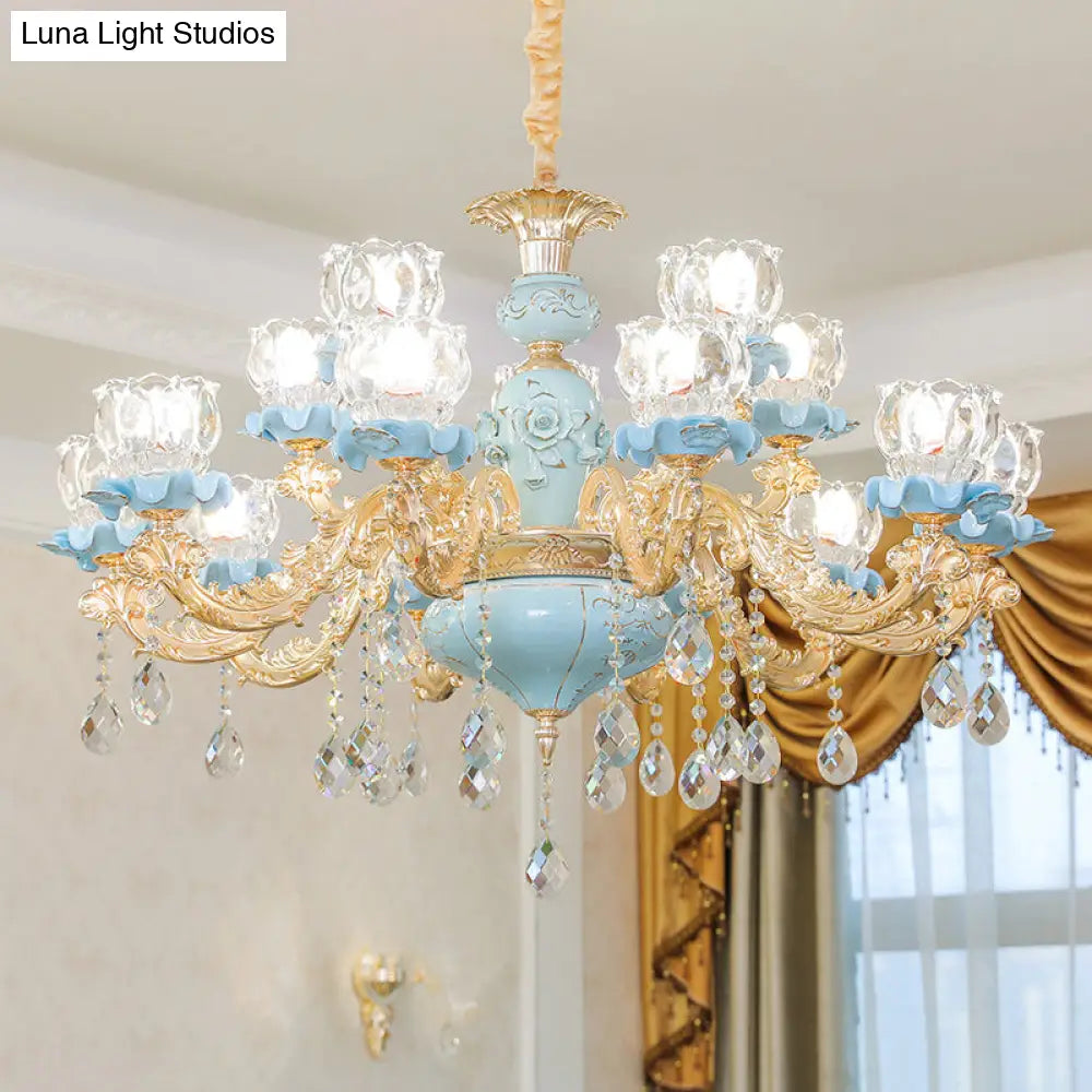 Blue Ribbed Glass Chandelier With Crystal Draping Classic Pendant Lighting For Living Room