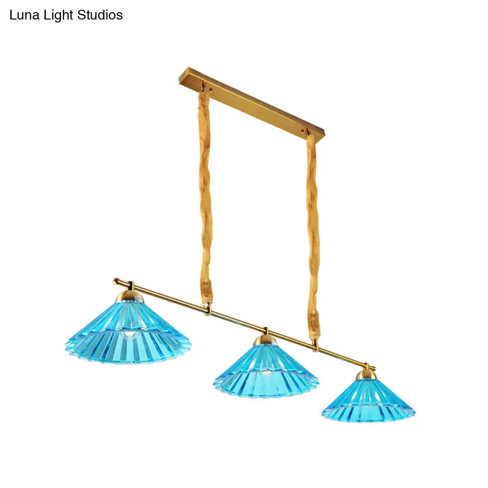 Blue Ribbed Glass Cone Pendant Light - Traditional Dining Room Lamp With 3 Lights