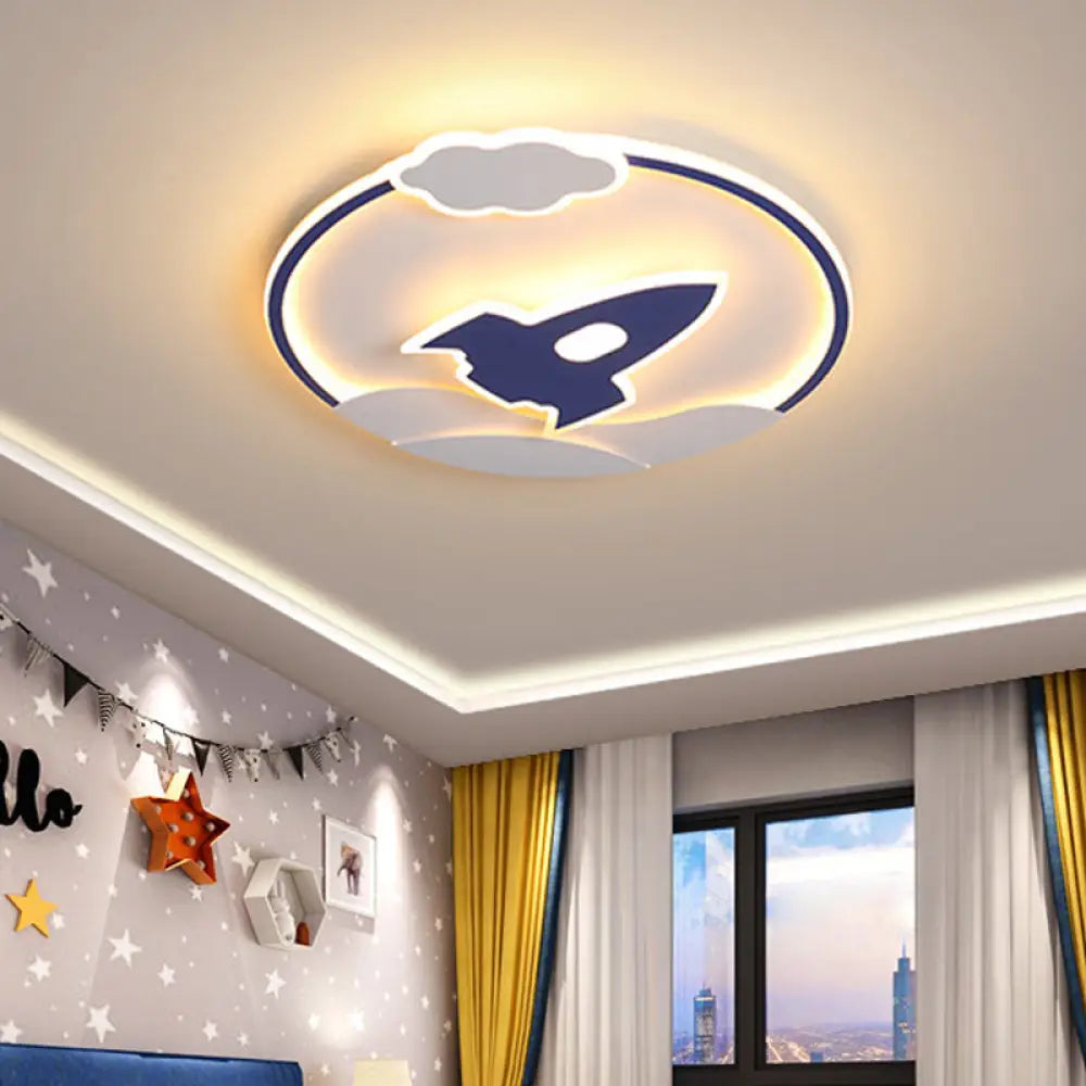 Blue Rocket Led Flushmount Lamp: Cartoon Acrylic Light For Kids Bedroom - Warm/White Glow / Warm