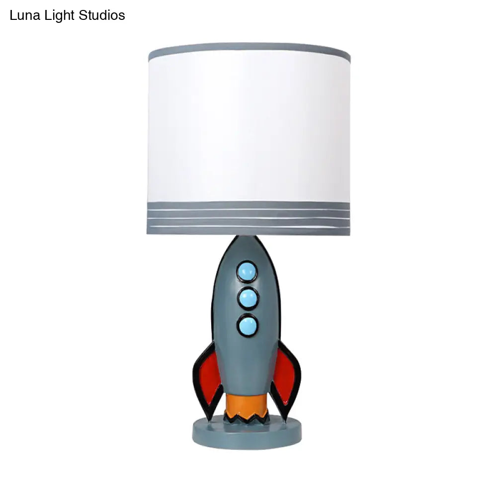 Blue Rocket Nightstand Light With Drum Shade For Nursery - Kids Resin Table Lamp