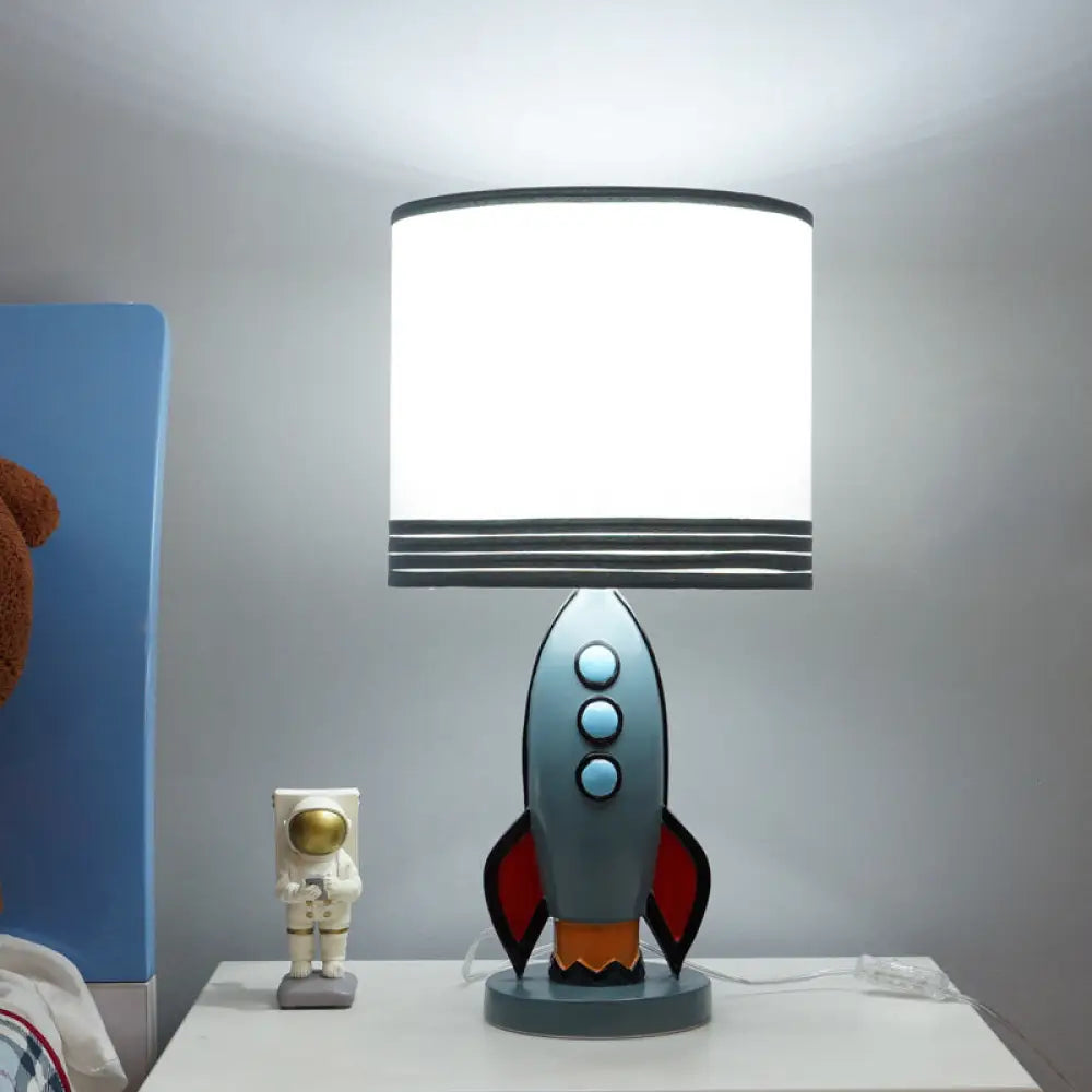 Blue Rocket Nightstand Light With Drum Shade For Nursery - Kids Resin Table Lamp