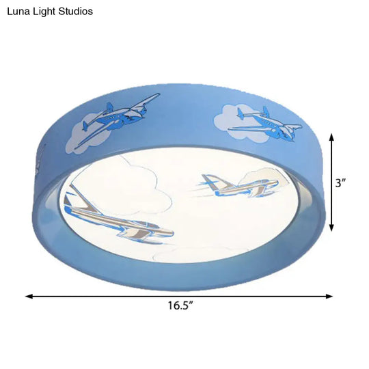 Blue Round Flush Mount Ceiling Light With Cartoon Plane Design - Perfect For Bedroom