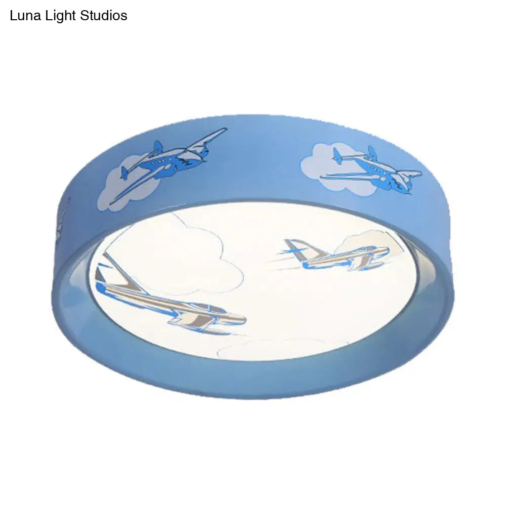 Blue Round Flush Mount Ceiling Light With Cartoon Plane Design - Perfect For Bedroom
