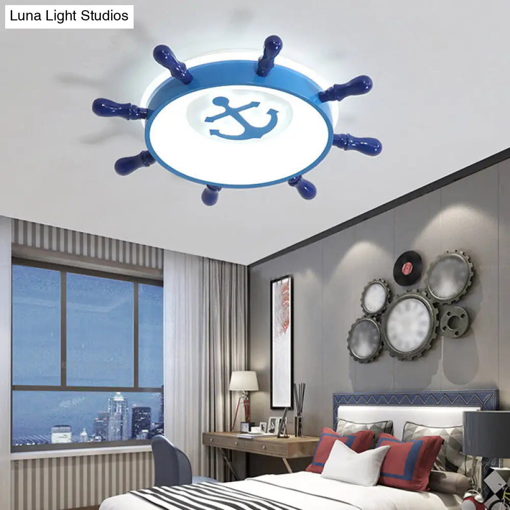 Blue Rudder Led Ceiling Flush Light For Kids With Acrylic Shade And Anchor Pattern