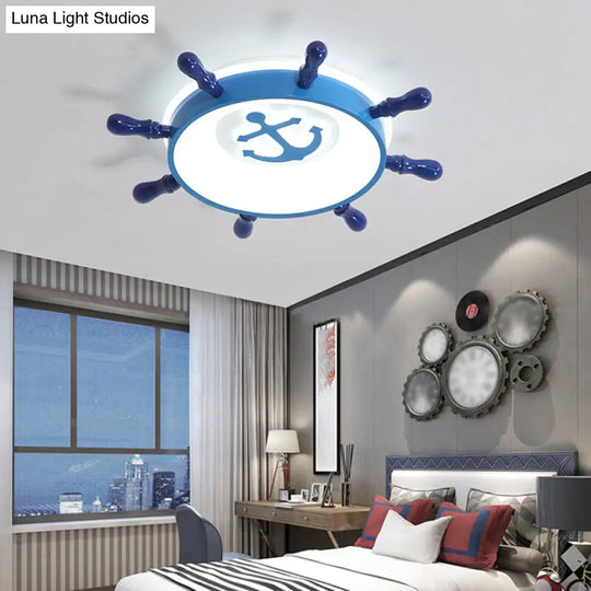 Blue Rudder Led Ceiling Flush Light For Kids With Acrylic Shade And Anchor Pattern