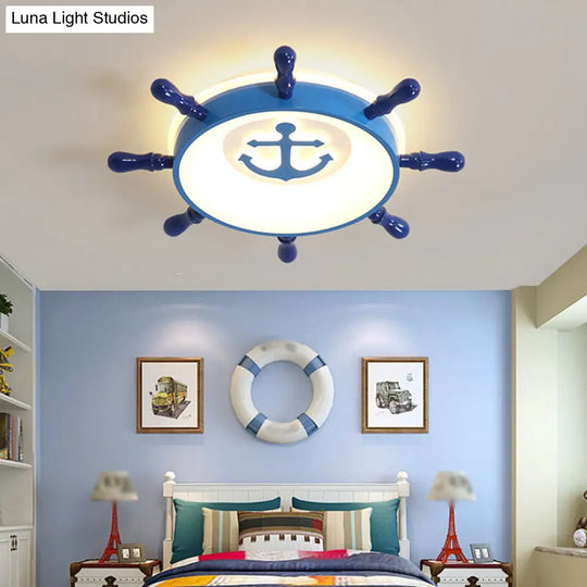 Blue Rudder Led Ceiling Flush Light For Kids With Acrylic Shade And Anchor Pattern