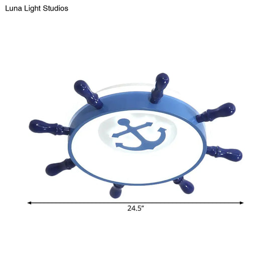 Blue Rudder Led Ceiling Flush Light For Kids With Acrylic Shade And Anchor Pattern