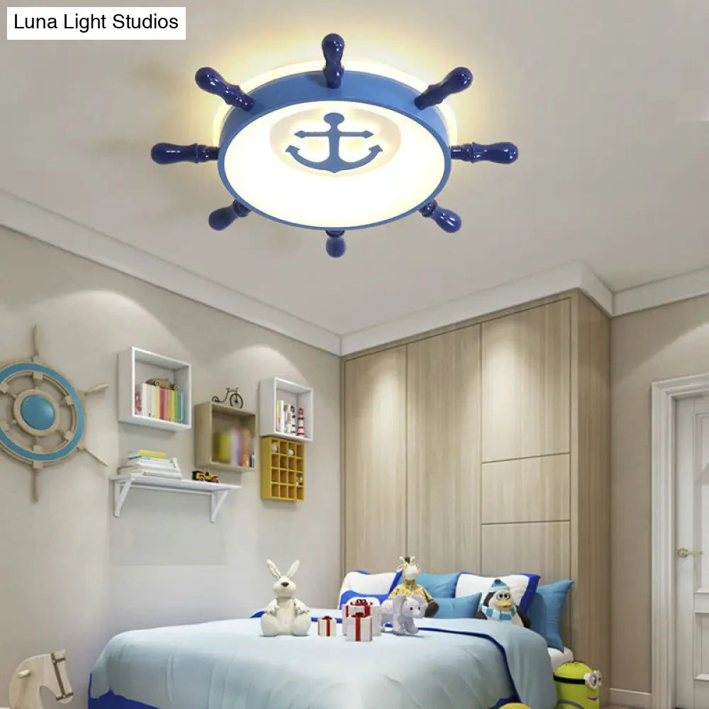 Blue Rudder Led Ceiling Flush Light For Kids With Acrylic Shade And Anchor Pattern