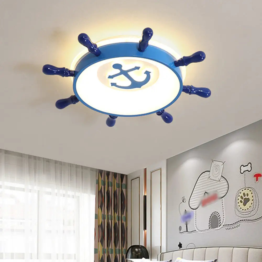 Blue Rudder Led Ceiling Flush Light For Kids With Acrylic Shade And Anchor Pattern