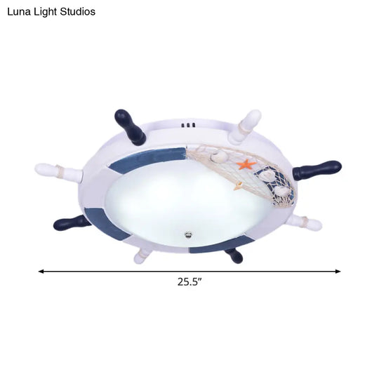 Blue Rudder Led Flush Ceiling Light With Wooden Mount & Bowl Glass Shade For Baby Room